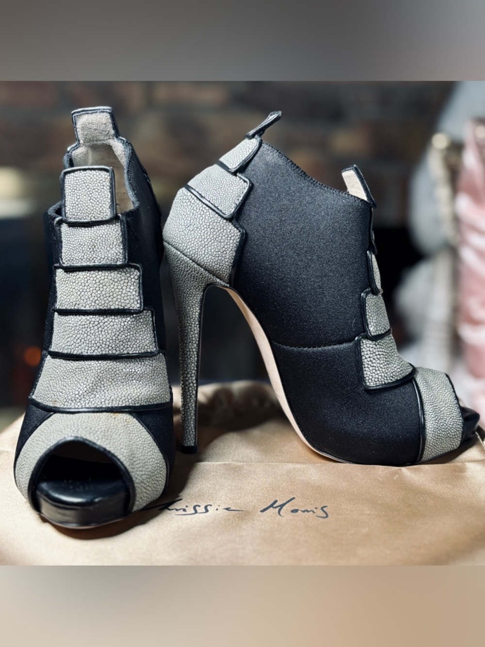 Chrissie Morris Grey & Black Shagreen Leather Peeptoe 5” Stephanie Bootie Sz 6.5